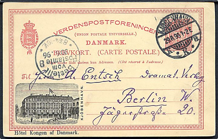 10 øre Våben helsagsbrevkort med privat tiltryk Hôtel Kongen af Danmark / Kjöbenhavn stemplet Kjøbenhavn d. 29.6.1896 til Berlin, Tyskland.