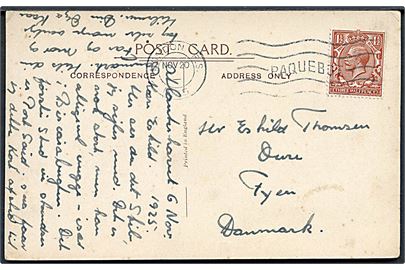 1½d George V på brevkort (S/S Jervis Bay) dateret på Atlanterhavet og annulleret London Paquebot d. 20.11.1925 til Oure, Danmark.