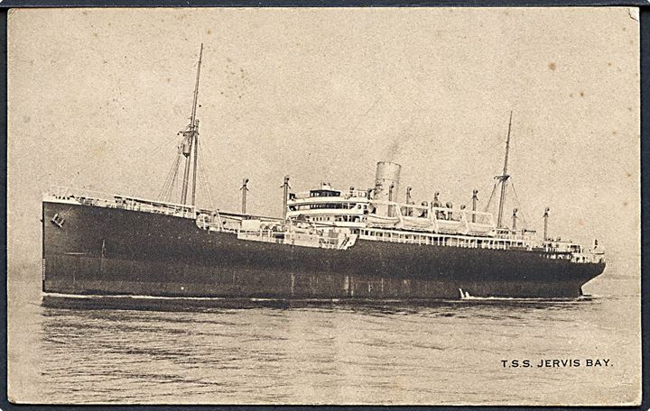 1½d George V på brevkort (S/S Jervis Bay) dateret på Atlanterhavet og annulleret London Paquebot d. 20.11.1925 til Oure, Danmark.