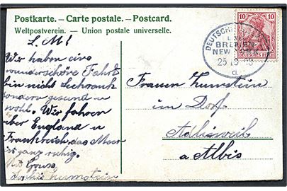 10 pfg. Germania på brevkort (NDL damper og fyrskib) annulleret med skibsstempel Deutsche Seepost Linie Bremen - New York d. - d. 25.10.1908 til Adliswil a/Albis, Tyskland. Kortet er beklippet.