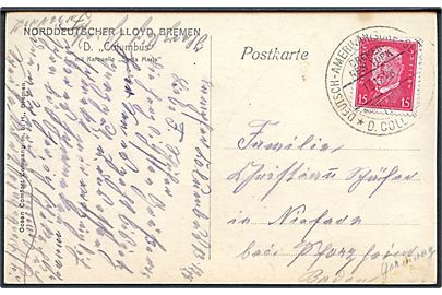 15 pfg. Hindenburg på brevkort (S/S Columbus) annulleret med skibsstempel Deutsch-Amerikanische-Seepost / Bremen-New York / Nordeutsche Lloyd / * D. Columbus * d. 13.12.1928 til Tyskland.