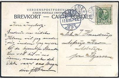 5 øre Chr. IX på brevkort (Lejren ved Borris) annulleret med stjernestempel TROLDHEDE og sidestemplet Skjern JB.P.E. d. 17.8.1906 til Astrup Kro pr. Skjern.