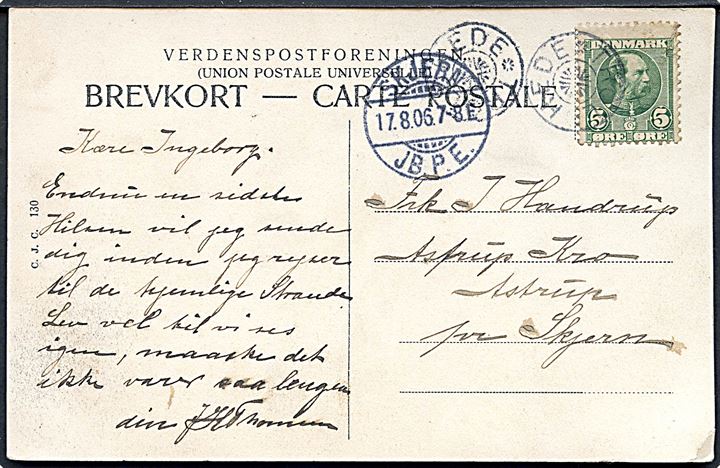 5 øre Chr. IX på brevkort (Lejren ved Borris) annulleret med stjernestempel TROLDHEDE og sidestemplet Skjern JB.P.E. d. 17.8.1906 til Astrup Kro pr. Skjern.