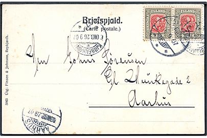 4 aur To Konger i parstykke på brevkort (Hekla) fra Reykjavik d. 16.9.1907 via Kjøbenhavn d. 26.9.1907 til Aarhus.