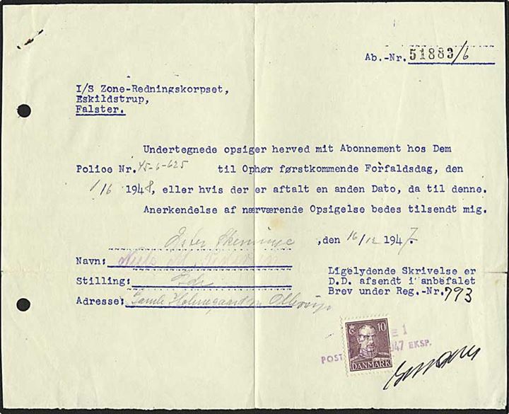 10 øre Chr. X på ligelydende skrivelse annulleret med kontor stempel Odense 1 Posteksp. d. 29.12.1947