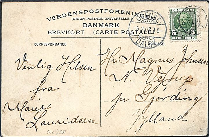 Odense, Vestergade 54 med Flensborg-Magasinet. U/no. Frankeret med 5 øre Fr. VIII annulleret svagt stjernestempel DALBY og sidestemplet bureau Odense - Dalby T.5 d. 5.2.1908 til Gjørding.