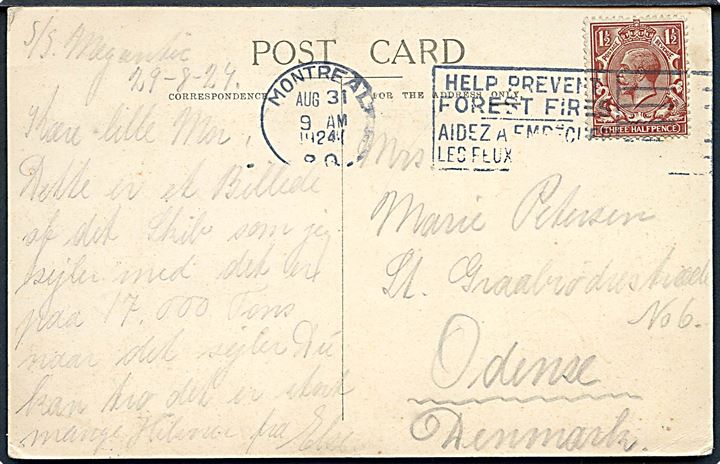 Megantic, S/S, White Star Line. Frankeret 1½d George annulleret Montreal Canada d. 31.8.1924 til Odense, Danmark.
