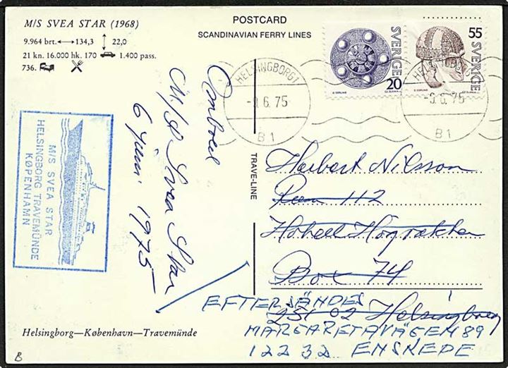 75 øre frankeret brevkort (M/S Svea Star) fra Helsingborg d. 9.6.1975 til Helsingborg. Privat skibsstempel: M/S Svea Star / Helsingborg - Travemünde - Køpenhamn.