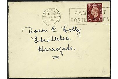 1½d George VI på fortrykt kuvert fra Yeoward Line annulleret med skibsstempel London F.S. / Paquebot Posted at Sea d. 19.12.1937 til Harrogate, England.