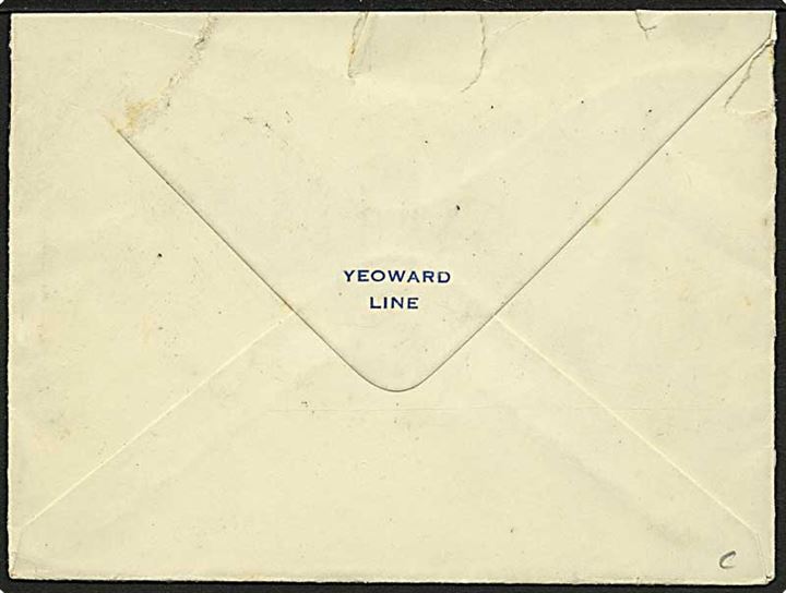 1½d George VI på fortrykt kuvert fra Yeoward Line annulleret med skibsstempel London F.S. / Paquebot Posted at Sea d. 19.12.1937 til Harrogate, England.