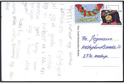 3,75 kr. Almuesmykker og Andeby Post mærkat på brevkort fra København d. 22.12.1993 til Kastrup.