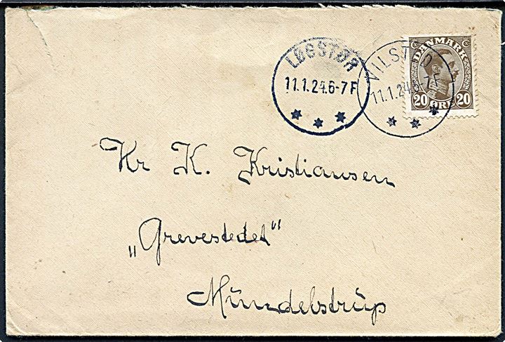 20 øre Chr. X på brev annulleret med brotype IIIb Vilsted d. 11.1.1924 og sidestemplet Løgstør d. 11.1.1924 til Mundelstrup.