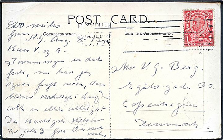1d George V på brevkort (S/S Campania Cunard Line) annulleret med skibsstempel Plymouth Paquebot d. 16.4.1912 til København, Danmark.