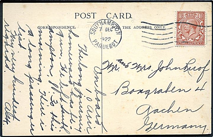 1½d George V på brevkort (White Star Line S/S Majestic) annulleret med skibsstempel Southampton Paquebot d. 7.12.1923 til Aachen, Tyskland.