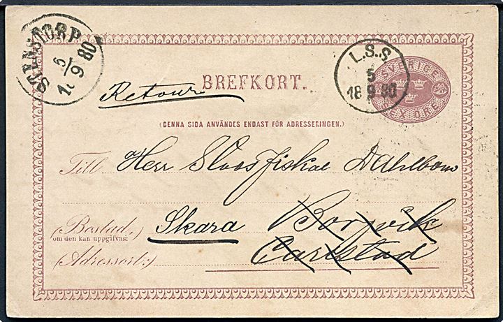 6 öre helsagsbrevkort annulleret med bureau stempel L.S.S. (Lidköping-Skara-Stenstorp jernbane) d. 5.9.1880 og sidestemplet Stenstorp d. 5.9.1880 til Borgvik pr. Carlstad. Retur til Skara.