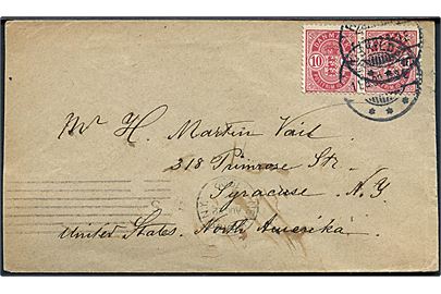 10 øre Våben i parstykke på brev fra Roskilde d. 11.8.1902 via New York til Syracuse, USA.