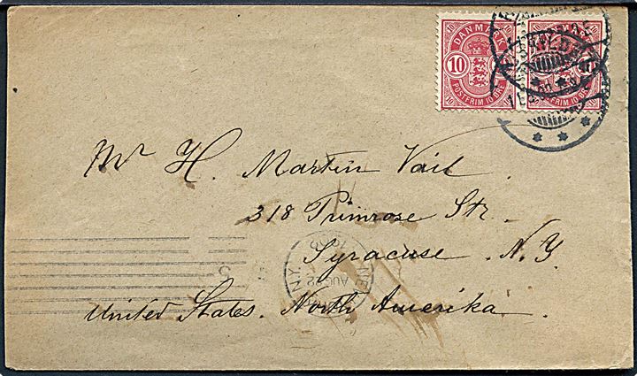 10 øre Våben i parstykke på brev fra Roskilde d. 11.8.1902 via New York til Syracuse, USA.