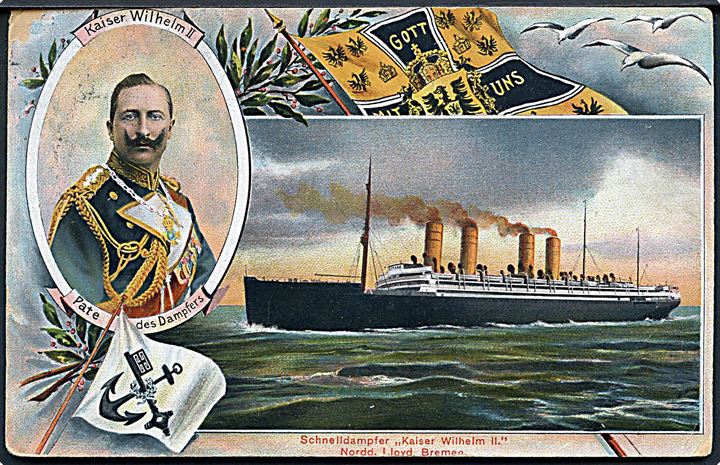 2 cents Washington (defekt) på brevkort (S/S kaiser Wilhelm II, NDL) annulleret med skibsstempel U.S. German Sea P.O./12 d. 12.4.1909 til New York, USA.