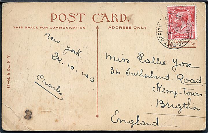 1d George V på brevkort (Park Row Building, New York) dateret New York d. 24.10.1913 annulleret med sejlende bureaustempel Transatlantic Post Office 5 d. 31.10.1913 til Brigthon, England. Stempel benyttet ombord på White Star Line skibet S/S Olympic.