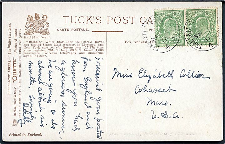 ½d Edward VII i parstykke på brevkort (White Star Line S/S Oceanic) annulleret med sejlende bureaustempel Transatlantic Post Office 4 d. 8.9.1911 til Cohasset, USA. Stempel benyttet ombord på S/S Oceanic.