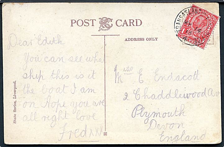 1d George på brevkort (White Star Line S/S Oceanic) annulleret med sejlende bureaustempel Transatlantic Post Office 4 d. 14.5.1913 til Plymouth, England. Stempel benyttet ombord på S/S Oceanic.