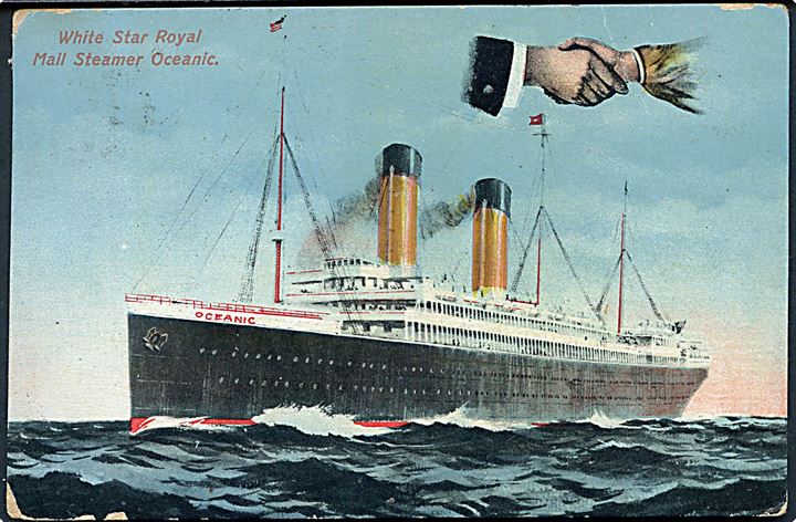 1d George på brevkort (White Star Line S/S Oceanic) annulleret med sejlende bureaustempel Transatlantic Post Office 4 d. 14.5.1913 til Plymouth, England. Stempel benyttet ombord på S/S Oceanic.
