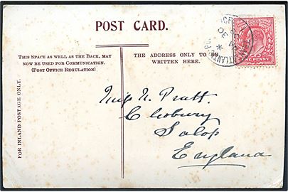 1d Edward VII på brevkort (Hands across the Sea RMS Mauretania, Cunard Line)  annulleret med sejlende skibspost stempel Transatlantic Post Office 1 d. 30.1.1909 til Salop, England.