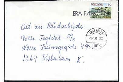140 øre Landskab på skibsbrev annulleret FRA FÆRØERNE og sidestemplet København Omk. d. 7.1.1979 til København.