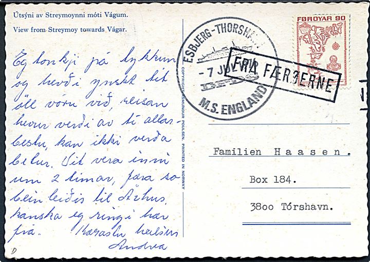 90 øre Landkort på brevkort annulleret med skibsstempel FRA FÆRØERNE og sidestemplet Esbjerg - Thorshavn DFDS M.S.England d. 7.7.1976 til Tórshavn, Færøerne.
