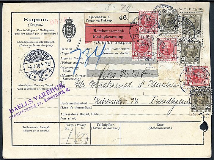 10 øre (4) og 25 øre (4) Fr. VIII på 140 øre frankeret internationalt adressekort for pakke med opkrævning fra Kjøbenhavn P.*K.*P. d. 9.7.1910 til Trondhjem, Norge.