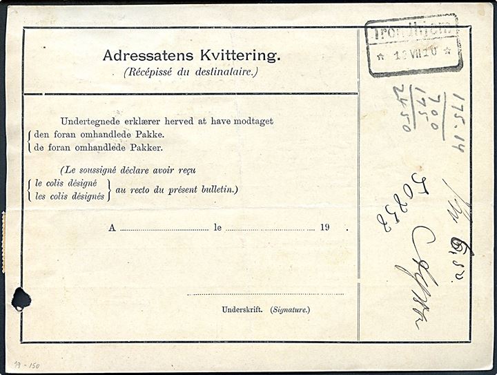 10 øre (4) og 25 øre (4) Fr. VIII på 140 øre frankeret internationalt adressekort for pakke med opkrævning fra Kjøbenhavn P.*K.*P. d. 9.7.1910 til Trondhjem, Norge.