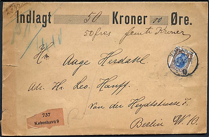1 kr. Chr. X single på værdibrev fra Kjøbenhavn d. 13.10.1923 til Berlin, Tyskland.