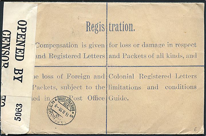 3½d George V anbefalet helsagskuvert opfrankeret med 1d og 3d George V fra London 1919 til Schaffhausen, Schweiz. Ank.stemplet d. 14.2.1919. Åbnet af britisk censur no. 5063.