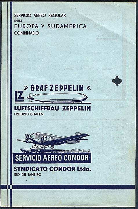 Luftskib LZ 127 Graf Zeppelin fartplan og prisliste for Sydamerika rejser 1934. 