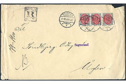 8 øre Tofarvet omv. rm. i 3-stribe på stort anbefalet brev fra Thisted d. 1.12.1900 til Uglev.