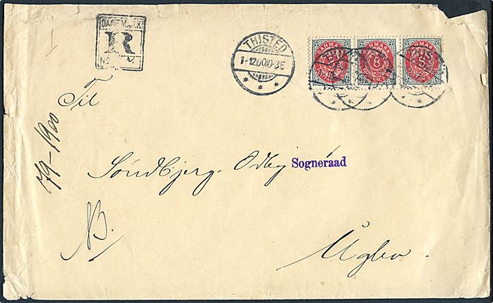 8 øre Tofarvet omv. rm. i 3-stribe på stort anbefalet brev fra Thisted d. 1.12.1900 til Uglev.