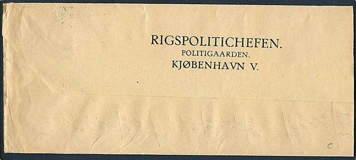10 øre Bølgelinie på korsbånd fra Rigspolitichefen i København d. 15.9.1939 til Aabenraa.