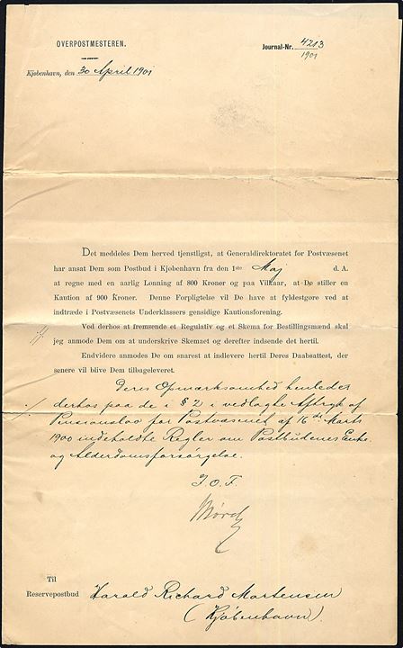 Ansættelsesbrev for Postbud fra Overpostmesteren i Kjøbenhavn d. 30.4.1901. Skrøbelig.