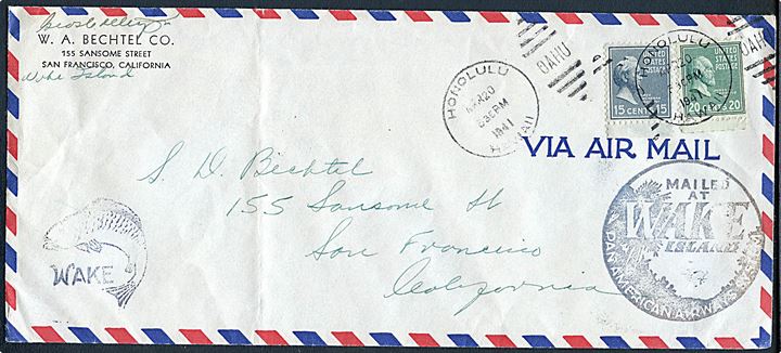 15 cents og 20 cents på luftpostbrev fra Wake Island i Stillehavet annulleret Honolulu Ohau d. 20.4.1941 til San Francisco. Sidestemplet Wake og Mailed at Wake Island / Pan American Airways System.