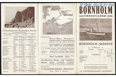 Dampskibsselskabet Østersøen fartplan og prisliste for rejse fra Sassnitz til Bornholm og Christiansø 1934.