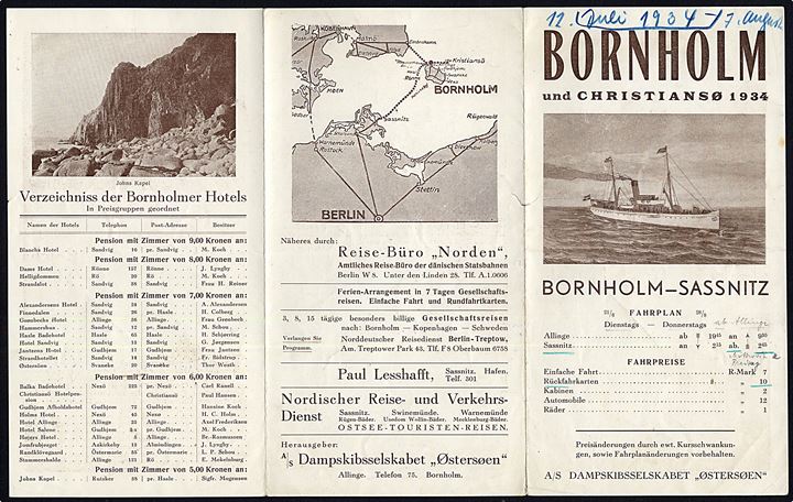 Dampskibsselskabet Østersøen fartplan og prisliste for rejse fra Sassnitz til Bornholm og Christiansø 1934.