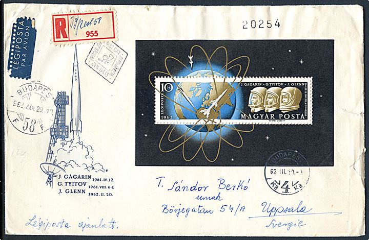 10 f. Astronauter miniark på anbefalet brev fra Budapest d. 29.3.1962 til Uppsala, Sverige.