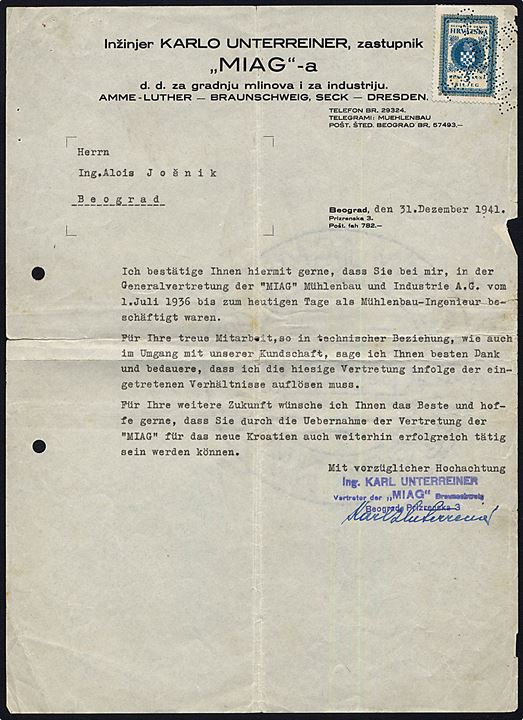 5 k. stempelmærke på skrivelse fra Beograd d. 31.12.1941 annulleret med perfin PONISTENO.
