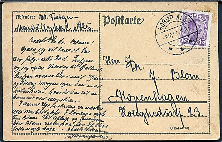 15 øre Chr. X på brevkort annulleret med brotype IIb Hørup Als d. 8.10.1924 til København.