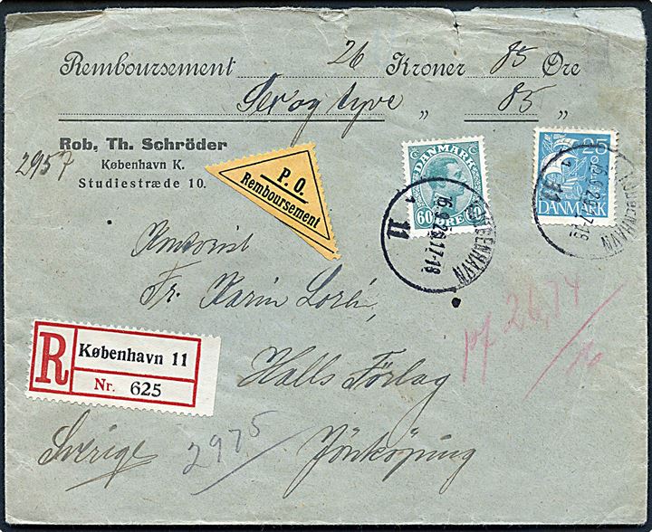 25 øre Karavel og 60 øre Chr. X på anbefalet brev med postopkrævning fra Kjøbenhavn d. 16.9.1929 til Jönköping, Sverige.