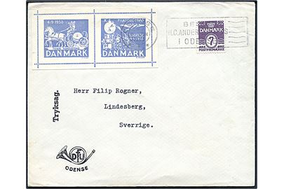 7 øre Bølgelinie oh Udstillingsmærker fra Filatelistdag i Slagelse på tryksag fra Odense d. 8.6.1936 til Lindesberg, Sverige.