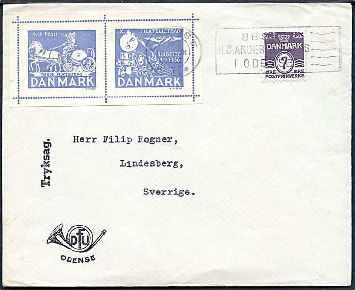 7 øre Bølgelinie oh Udstillingsmærker fra Filatelistdag i Slagelse på tryksag fra Odense d. 8.6.1936 til Lindesberg, Sverige.