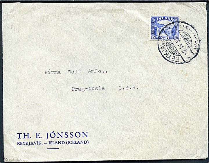 35 aur Gullfoss single på brev fra Reykjavik d. 5.4.1932 til Prag, Tjekkoslovakiet.