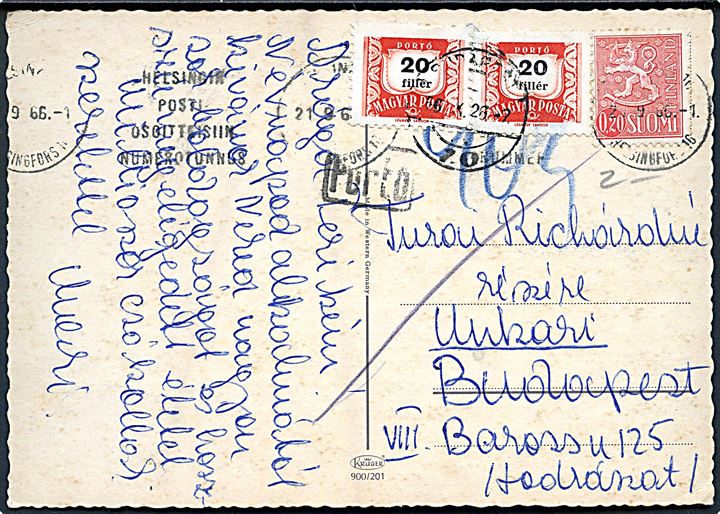 0,20 mk. Løve på underfrankeret brevkort fra Helsingfors d. 21.9.1966 til Budapest, Ungarn. Udtakseret i porto med ungarsk 20 f. (2) portomærke stemplet Budapest d. 6.10.1966