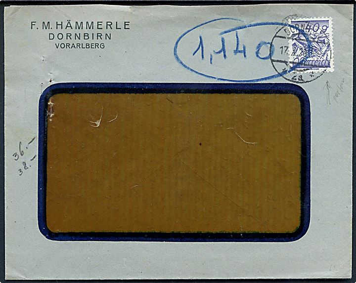 Østrigsk 40 g. med perfin F.M.H. på rudekuvert fra firma F. M. Hämmerle i Dornbirn 1928. 